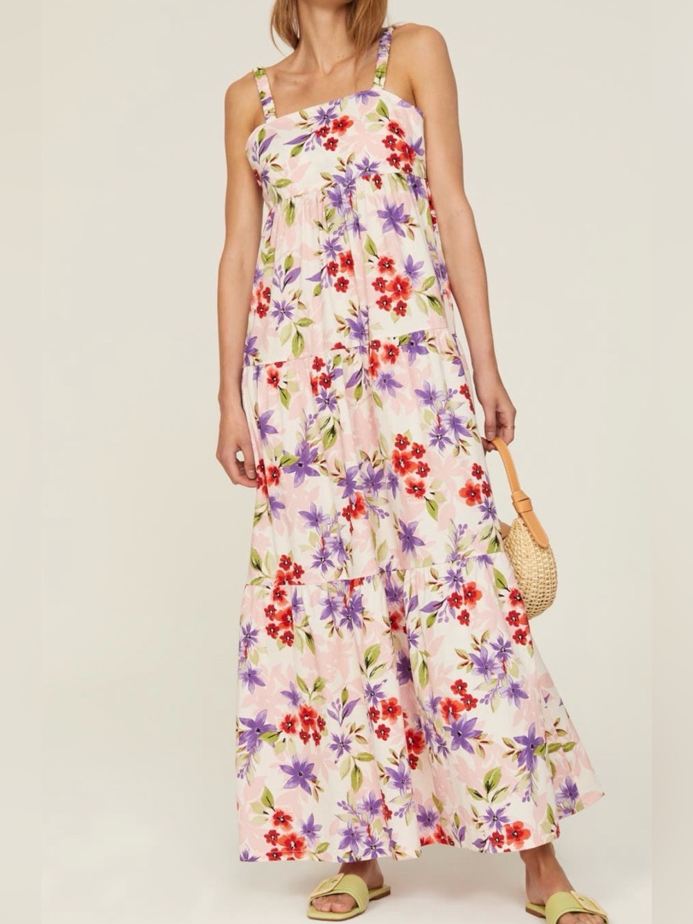 Louna Tropical Floral Print Maxi Dress Cotton Stretch USA Made Pink Lavender M